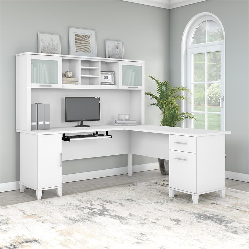 Pemberly Row 72W L Shaped Desk with Hutch in White - Engineered Wood