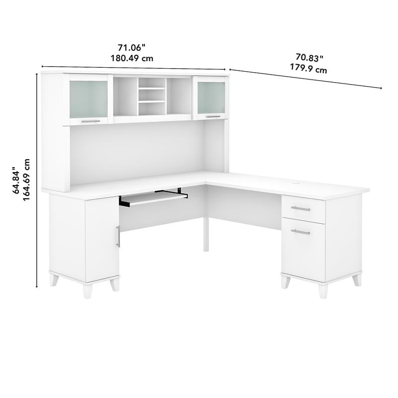 Pemberly Row 72W L Shaped Desk with Hutch in White - Engineered Wood