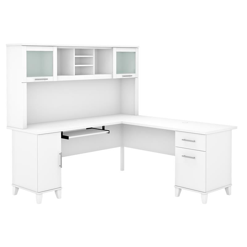 Pemberly Row 72W L Shaped Desk with Hutch in White - Engineered Wood