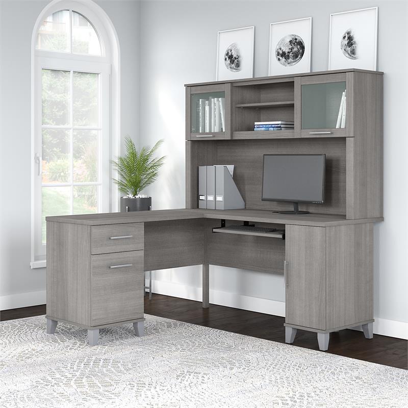 Pemberly Row 60W L Shaped Desk with Hutch in Platinum Gray - Engineered Wood