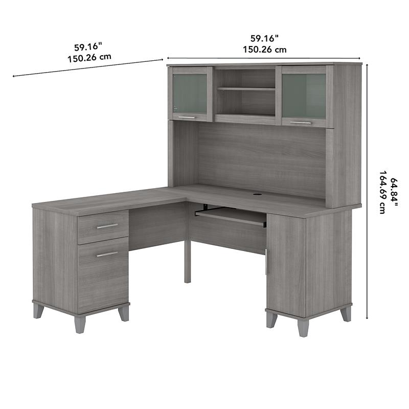 Pemberly Row 60W L Shaped Desk with Hutch in Platinum Gray - Engineered Wood