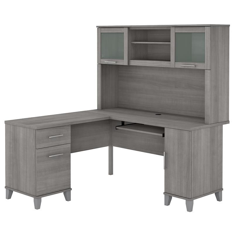 Pemberly Row 60W L Shaped Desk with Hutch in Platinum Gray - Engineered Wood