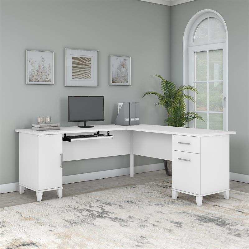Pemberly Row 72W L Shaped Desk with Storage in White - Engineered Wood