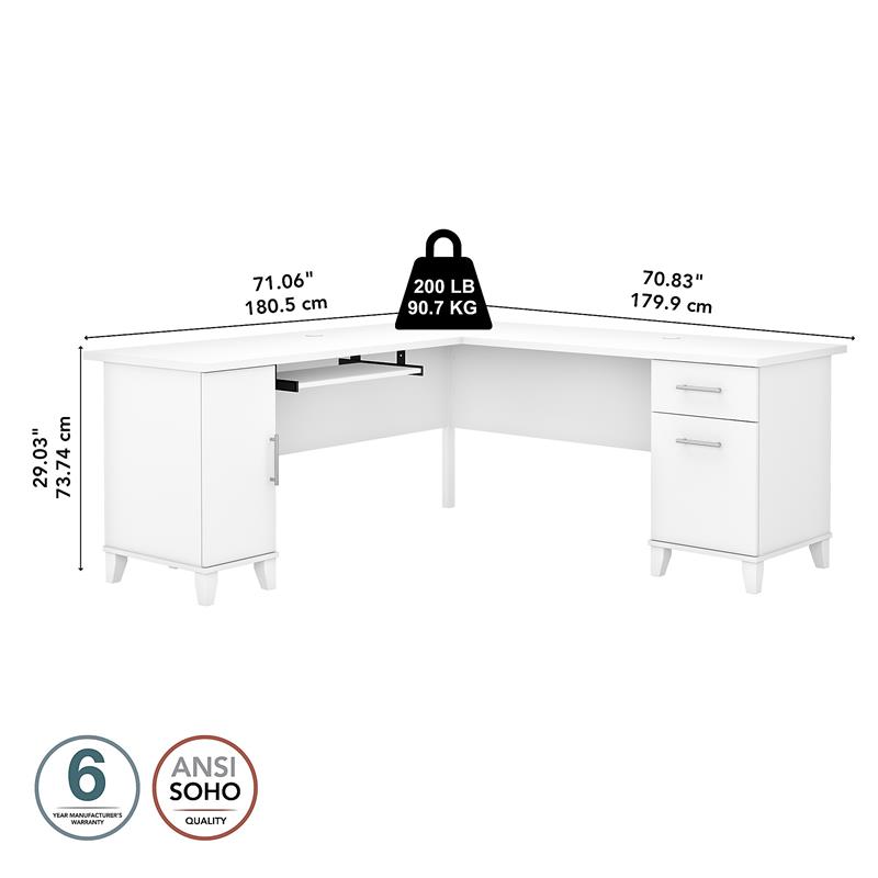 Pemberly Row 72W L Shaped Desk with Storage in White - Engineered Wood