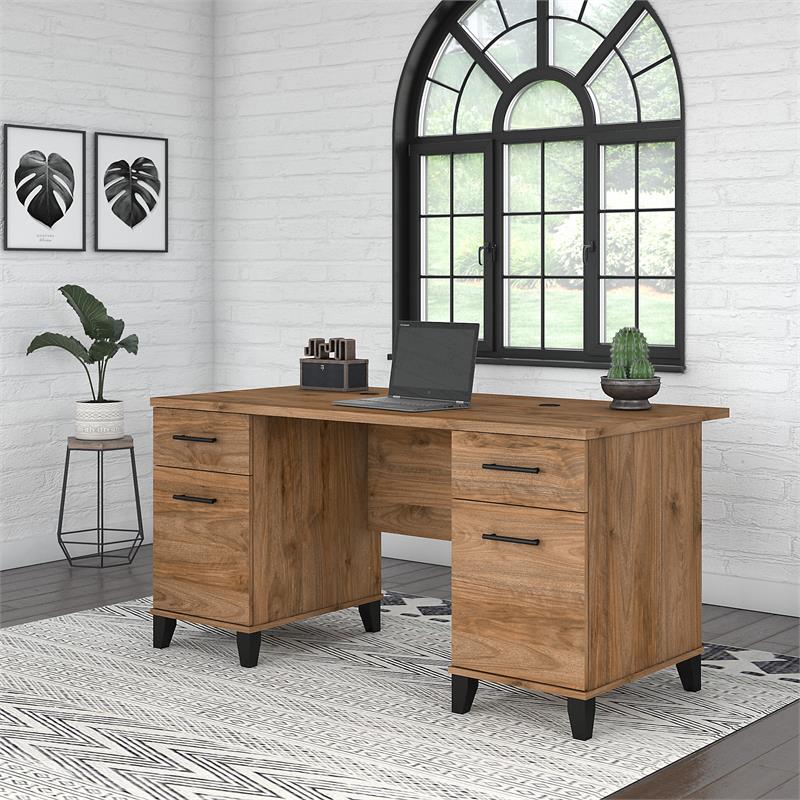Pemberly Row 60W Office Desk with Drawers in Fresh Walnut - Engineered Wood