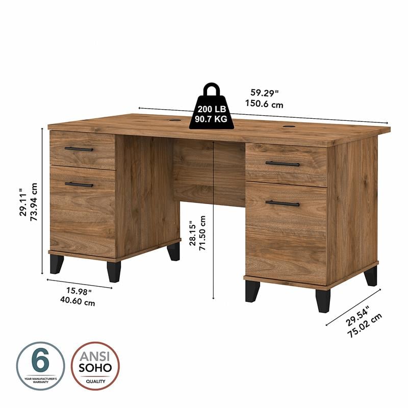 Pemberly Row 60W Office Desk with Drawers in Fresh Walnut - Engineered Wood