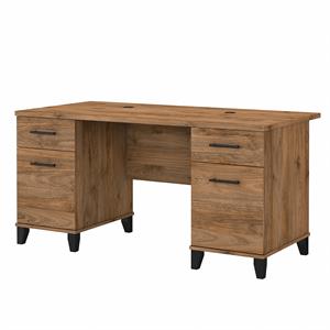 Pemberly Row 60W Office Desk with Drawers in Fresh Walnut - Engineered Wood