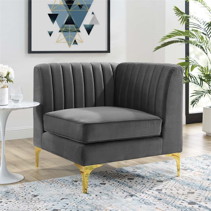 Pemberly Row Modern Channel Tufted Performance Velvet Corner Chair in Gray