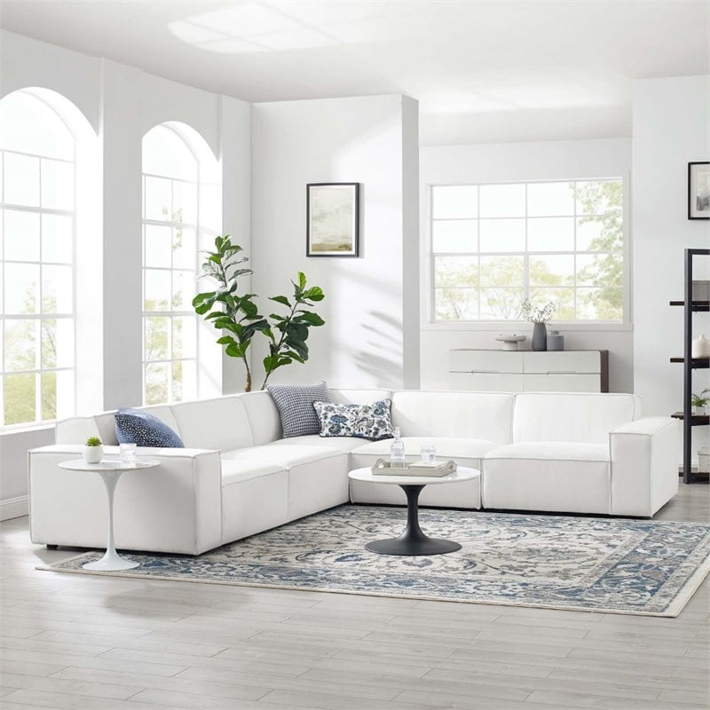 Pemberly Row 5-Piece Modern Fabric Upholstered Sectional Sofa in White