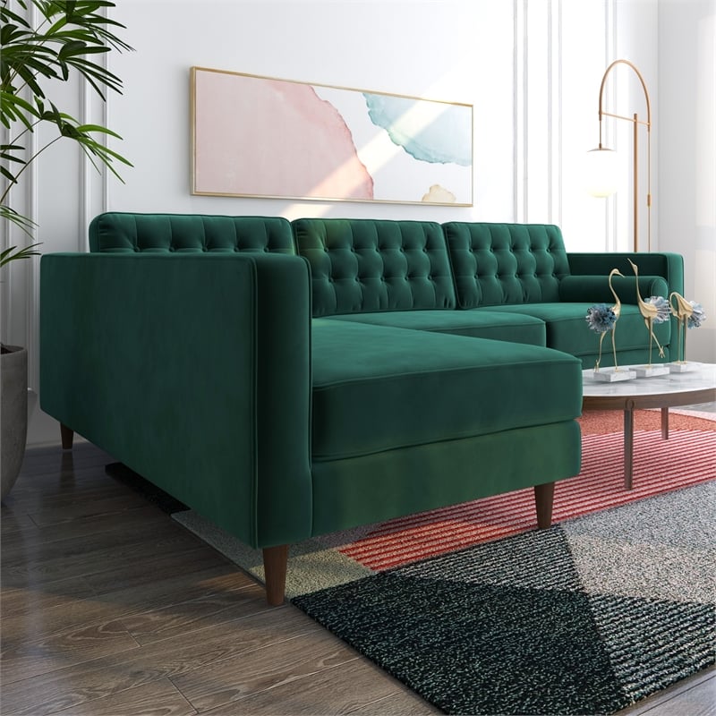 Pemberly Row L-Shaped Pillow Back Velvet Left-Facing Sectional - Green