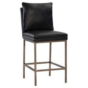 Pemberly Row 26&quot Modern Faux Leather Counter Stool in Black/Antique Brass