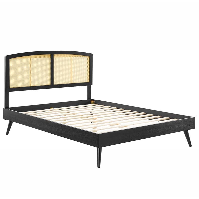 Pemberly Row Cane Rattan and Wood King Platform Bed with Splayed Legs in Black