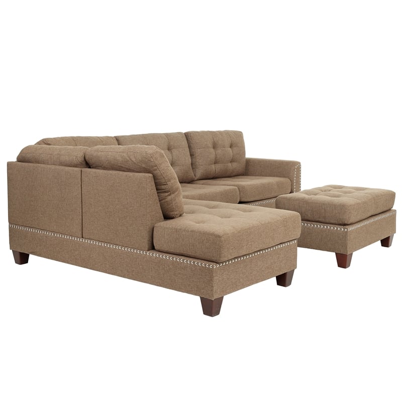 Pemberly Row 3 Piece Fabric Sectional Sofa Set with Ottoman in Coffee