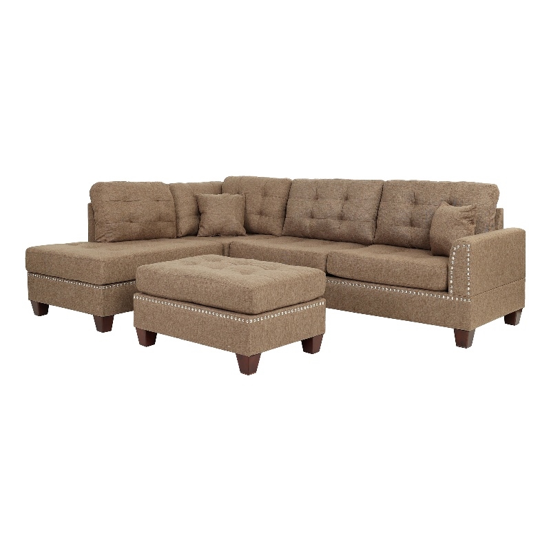 Pemberly Row 3 Piece Fabric Sectional Sofa Set with Ottoman in Coffee