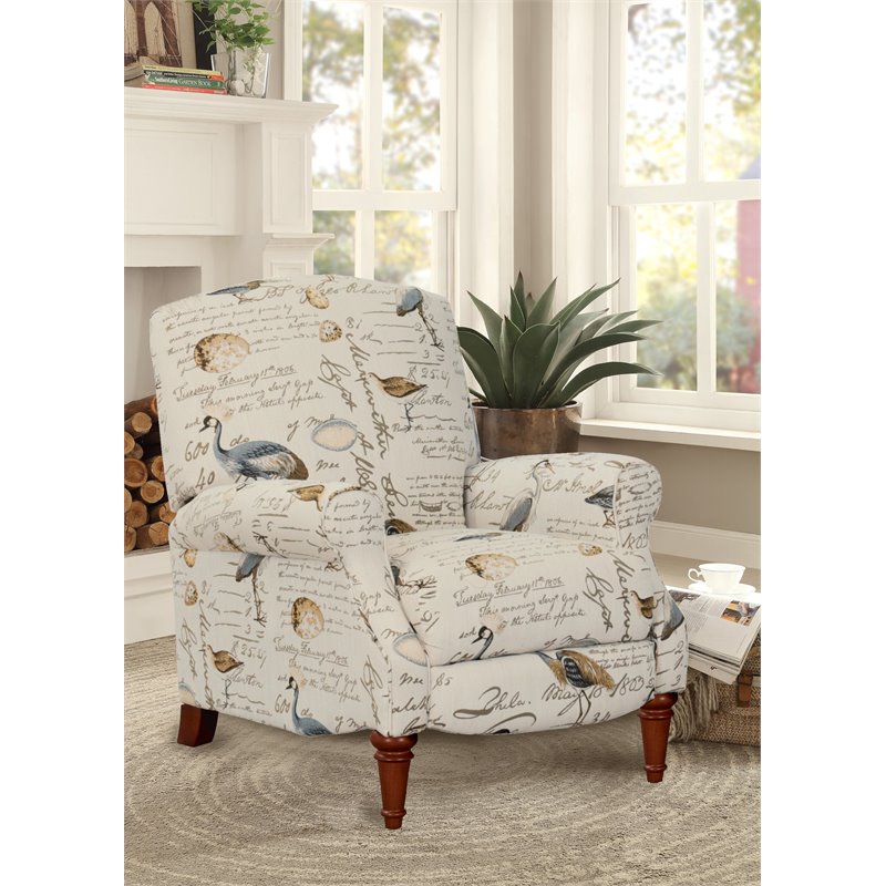 Pemberly Row Bird Script Fabric Manual Reclining Chair in Ivory