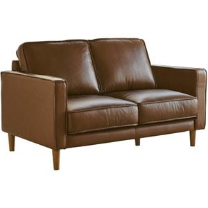 Pemberly Row 55&quot Contemporary Top-Grain Leather Loveseat in Chestnut