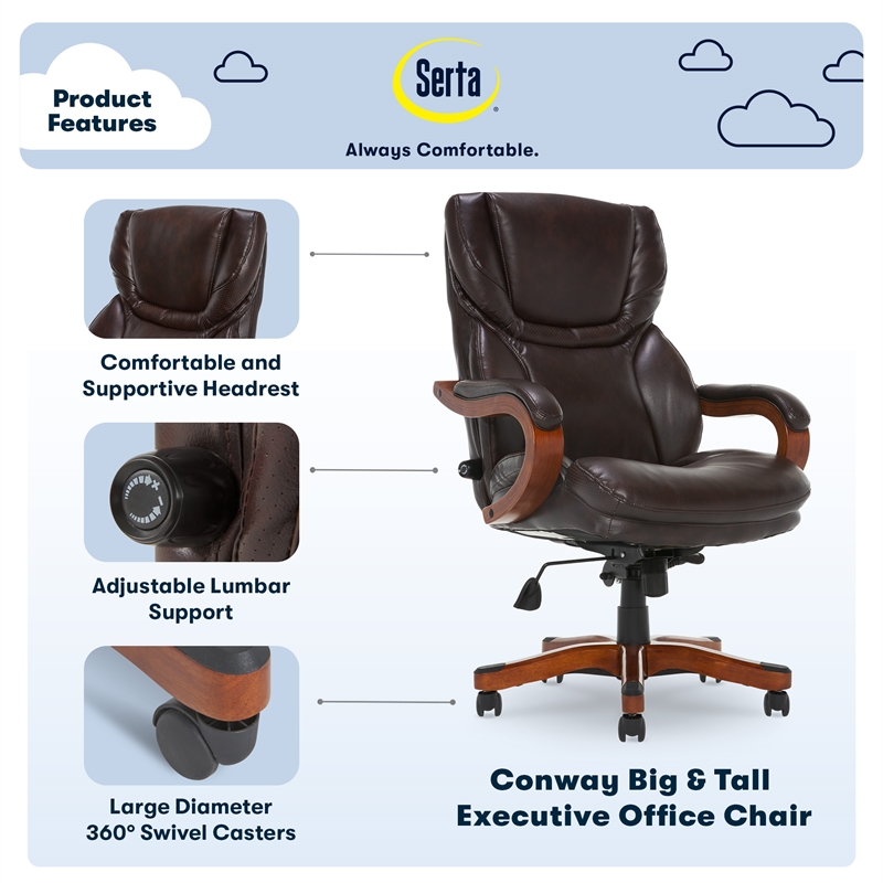 Pemberly Row Big and Tall Executive Office Chair with Wood Accents Brown