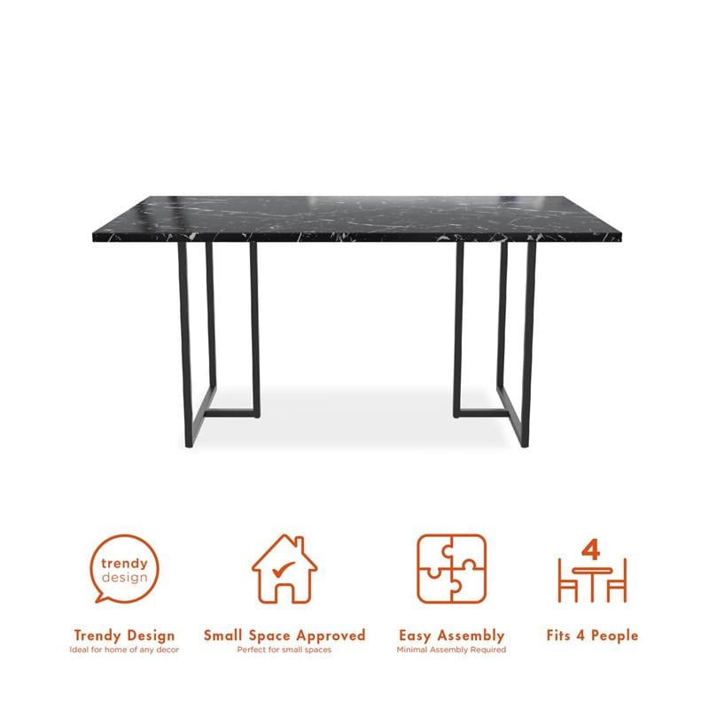 Pemberly Row Modern Dining Table Black Marble Top with Black Legs