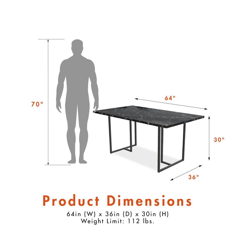 Pemberly Row Modern Dining Table Black Marble Top with Black Legs
