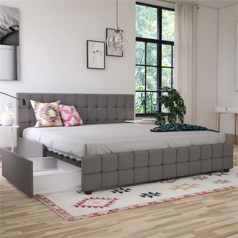 Pemberly Row Modern Upholstered Bed King in Light Gray Linen