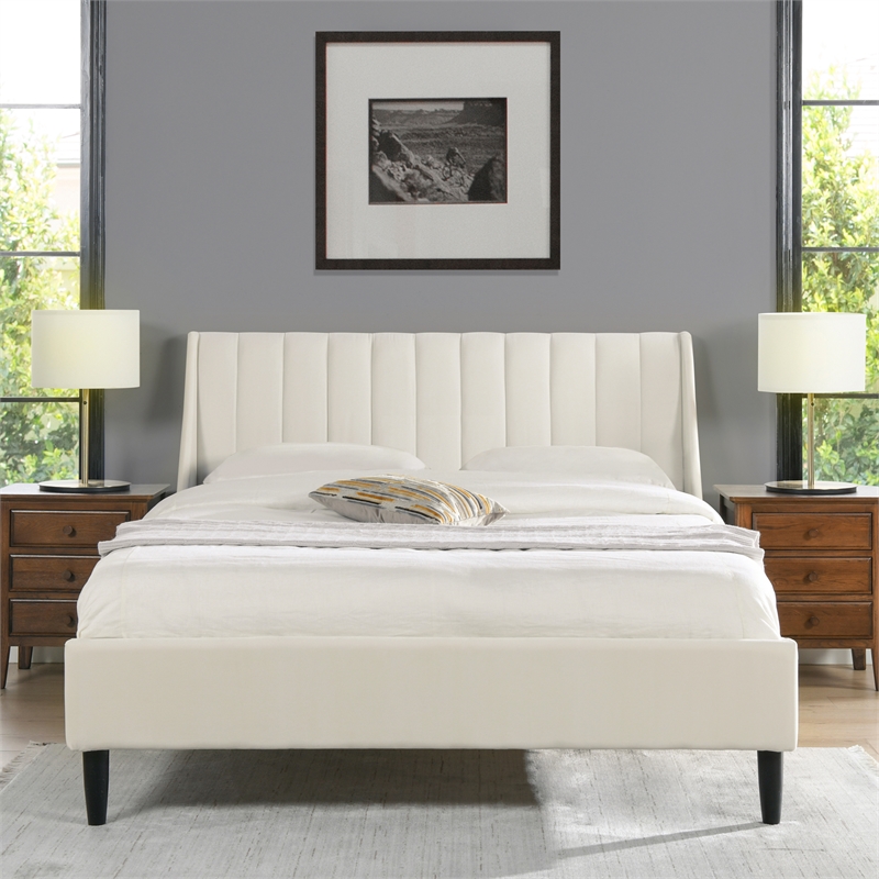 Pemberly Row Modern Upholstered Platform Bed Queen Cloud White