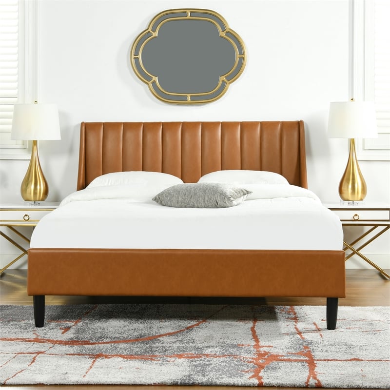Pemberly Row Vertical Tufted Headboard Platform Bed Set Queen Caramel Tan Brown