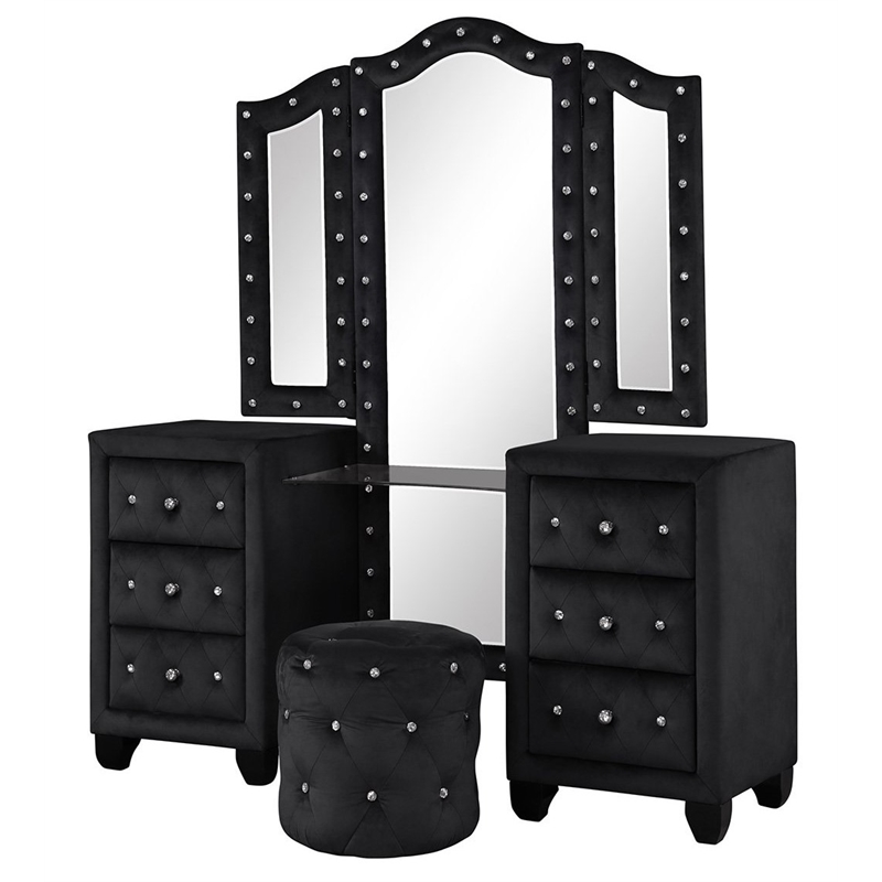Pemberly Row Crystal Tufted Vanity Set finished with Wood in Black