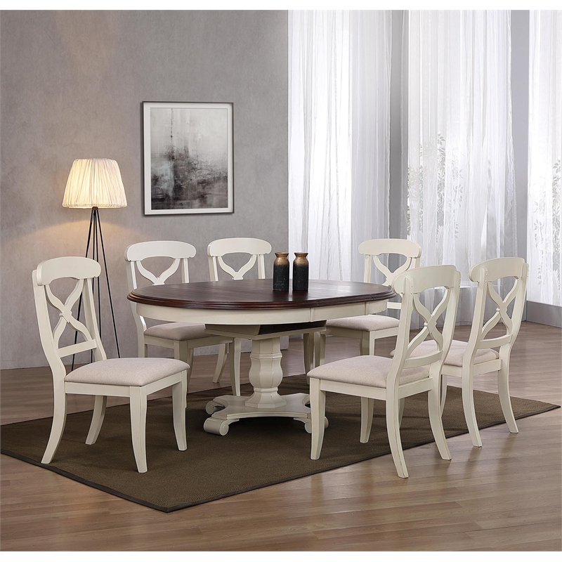Pemberly Row 7Pc Round/Oval Extendable Dining Set Antique White/Chestnut Brown