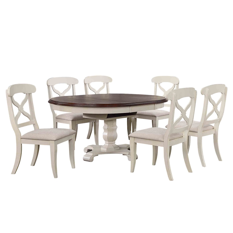 Pemberly Row 7Pc Round/Oval Extendable Dining Set Antique White/Chestnut Brown