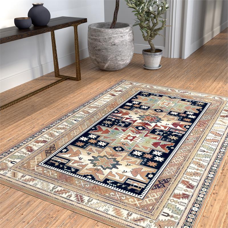Pemberly Row Contemporary Rust Black Ivory Aqua Viscose Area Rug
