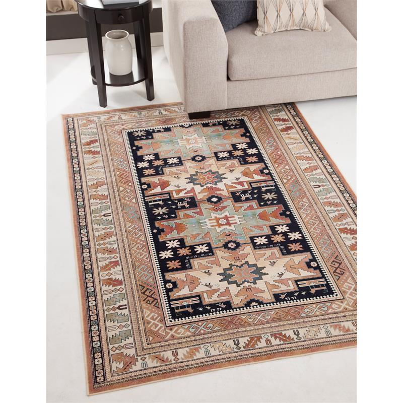 Pemberly Row Contemporary Rust Black Ivory Aqua Viscose Area Rug