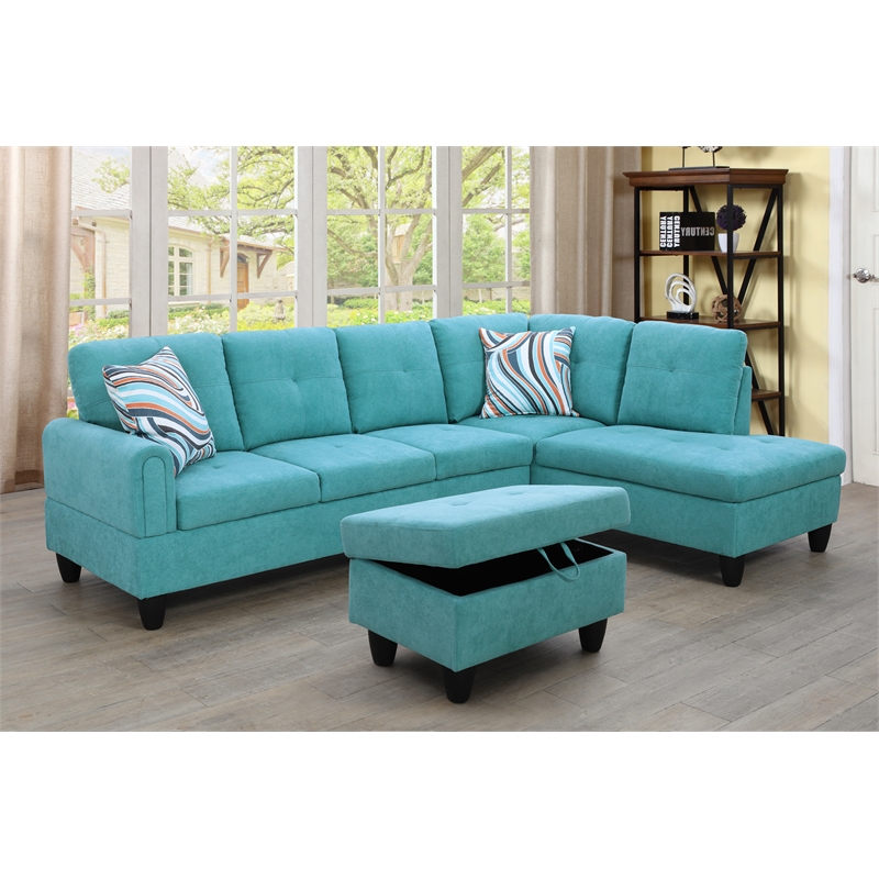 Pemberly Row Modern 3PC Sectional Sofa with Ottoman (Sea Green)