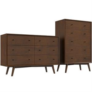 Pemberly Row Mid-Century Modern 6-Drawer Double-Dresser Solid Wood in Brown