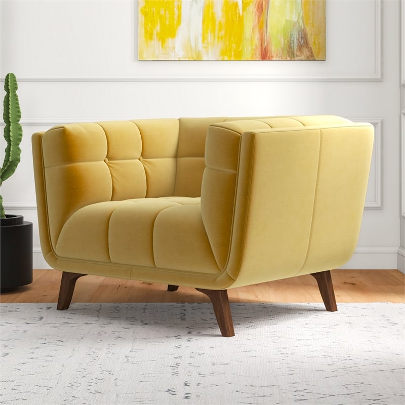 Pemberly Row Tufted Tight Back Velvet Upholstered Lounge Chair in Dark Yellow