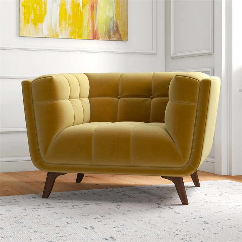Pemberly Row Tufted Tight Back Velvet Upholstered Lounge Chair in Dark Yellow