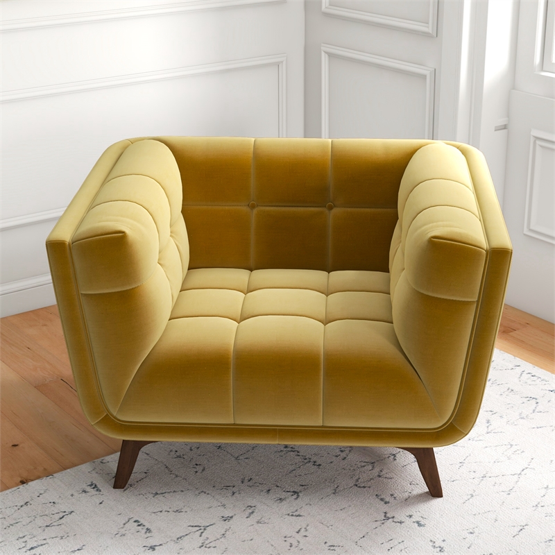 Pemberly Row Tufted Tight Back Velvet Upholstered Lounge Chair in Dark Yellow