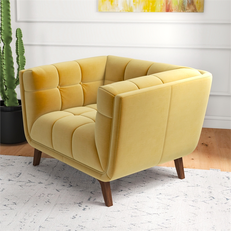 Pemberly Row Tufted Tight Back Velvet Upholstered Lounge Chair in Dark Yellow