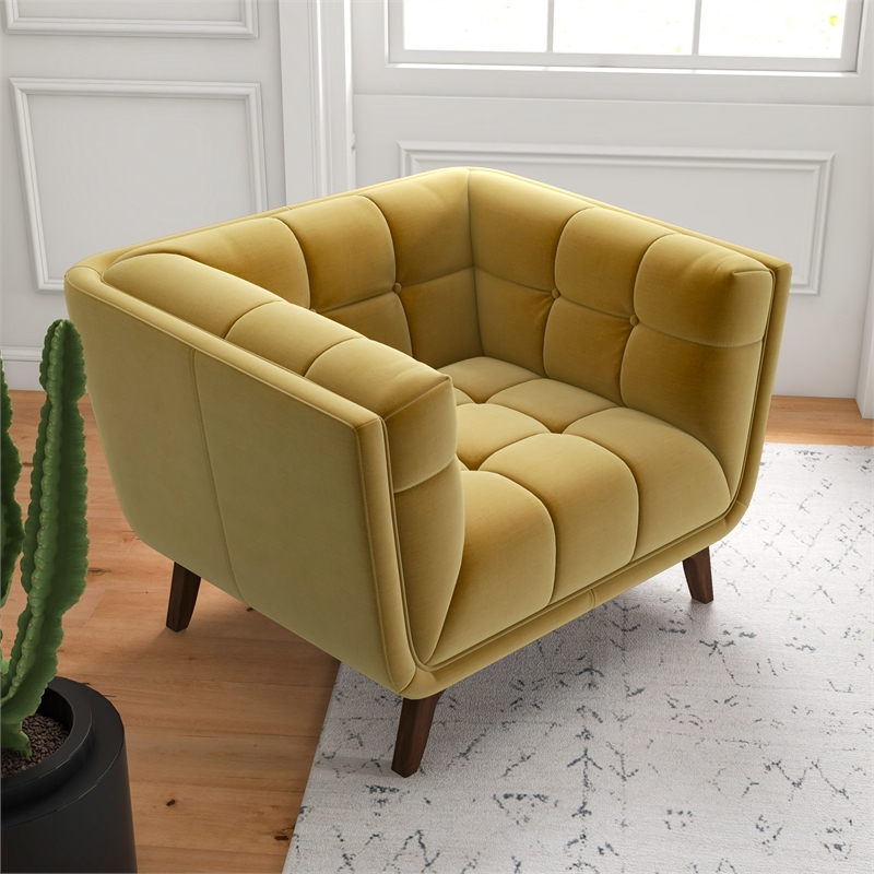Pemberly Row Tufted Tight Back Velvet Upholstered Lounge Chair in Dark Yellow