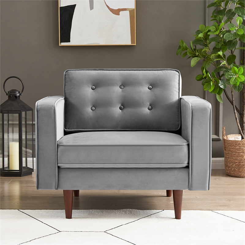 Pemberly Row Mid-Century Tufted Pillow Back Velvet Upholstered Arm Chair in Gray