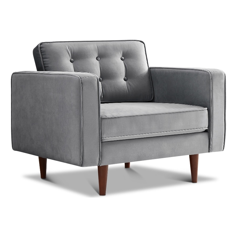 Pemberly Row Mid-Century Tufted Pillow Back Velvet Upholstered Arm Chair in Gray