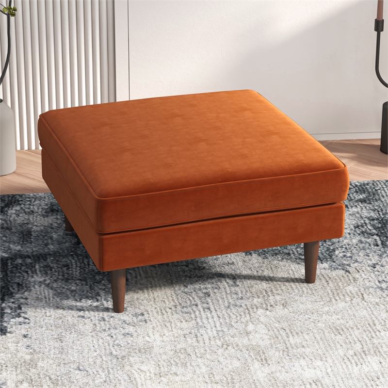 Pemberly Row Hudson Mid-Century Square Velvet Upholstered Ottoman in Orange
