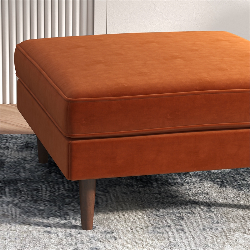 Pemberly Row Hudson Mid-Century Square Velvet Upholstered Ottoman in Orange
