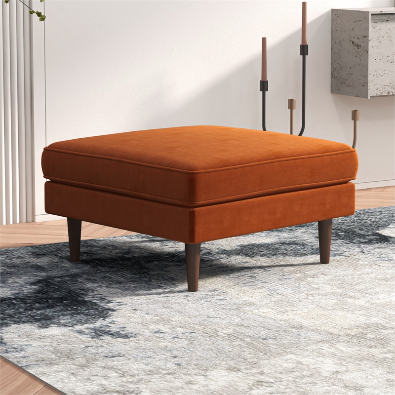 Pemberly Row Hudson Mid-Century Square Velvet Upholstered Ottoman in Orange