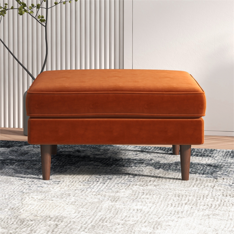 Pemberly Row Hudson Mid-Century Square Velvet Upholstered Ottoman in Orange