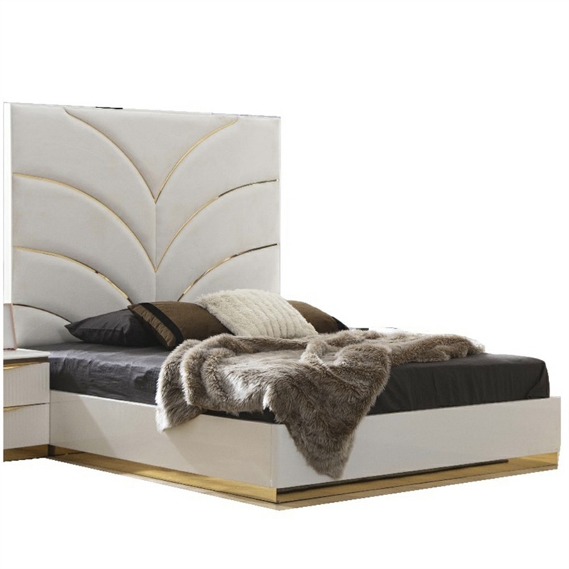 Pemberly Row Gold Detailed Queen Size Upholstery Bed made with Wood in White