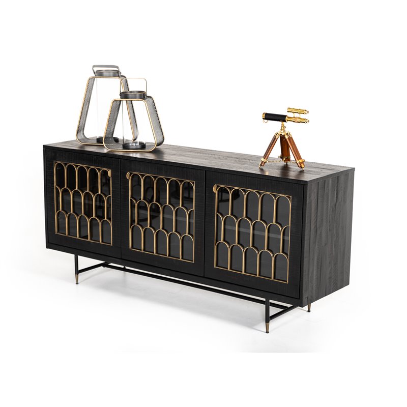 Pemberly Row Modern Acacia Wood & Glass Buffet in Black/Antique Brass