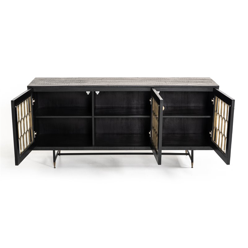 Pemberly Row Modern Acacia Wood & Glass Buffet in Black/Antique Brass