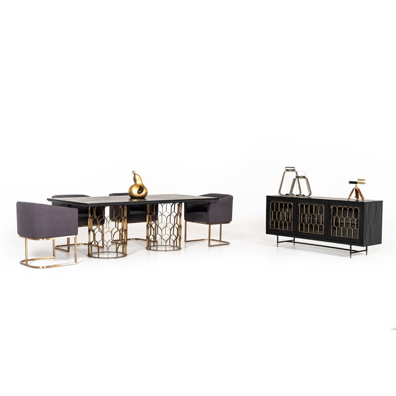 Pemberly Row Modern Acacia Wood & Glass Buffet in Black/Antique Brass