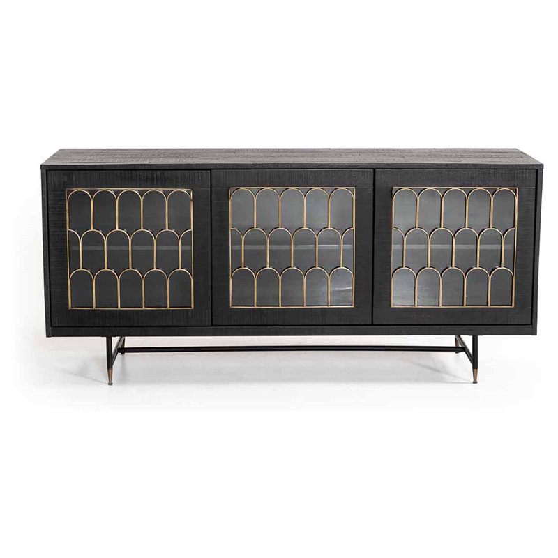 Pemberly Row Modern Acacia Wood & Glass Buffet in Black/Antique Brass