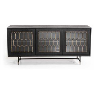 Pemberly Row Modern Acacia Wood & Glass Buffet in Black/Antique Brass
